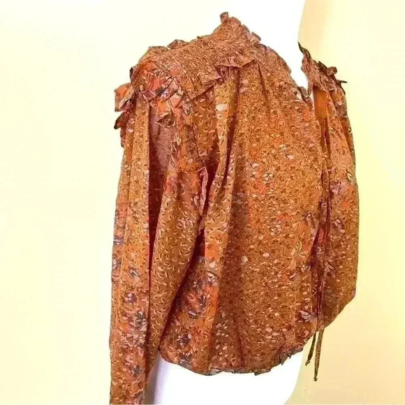 NWT Elan Orange Peasant Boho Tie Neck Long Sleeve Elastic Waist Crop Top Size M - Picture 8 of 13